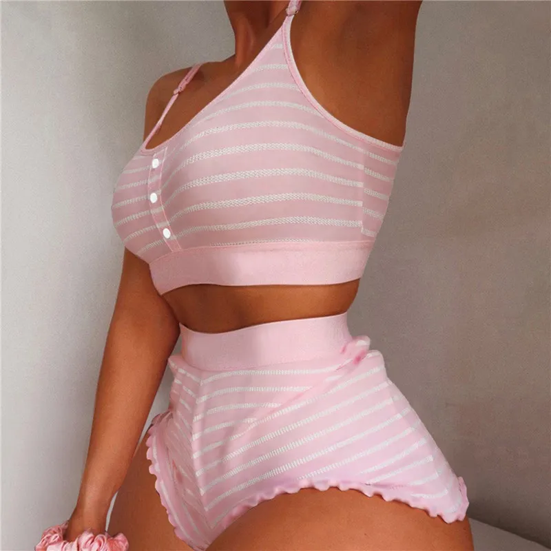 

Women's 2 Pieces Kawaii Stripe Print Frill Hem Cami Pajama Set 2022 Femme Cute Crop Top&Shorts Suits Lady Sleepwear Y2k