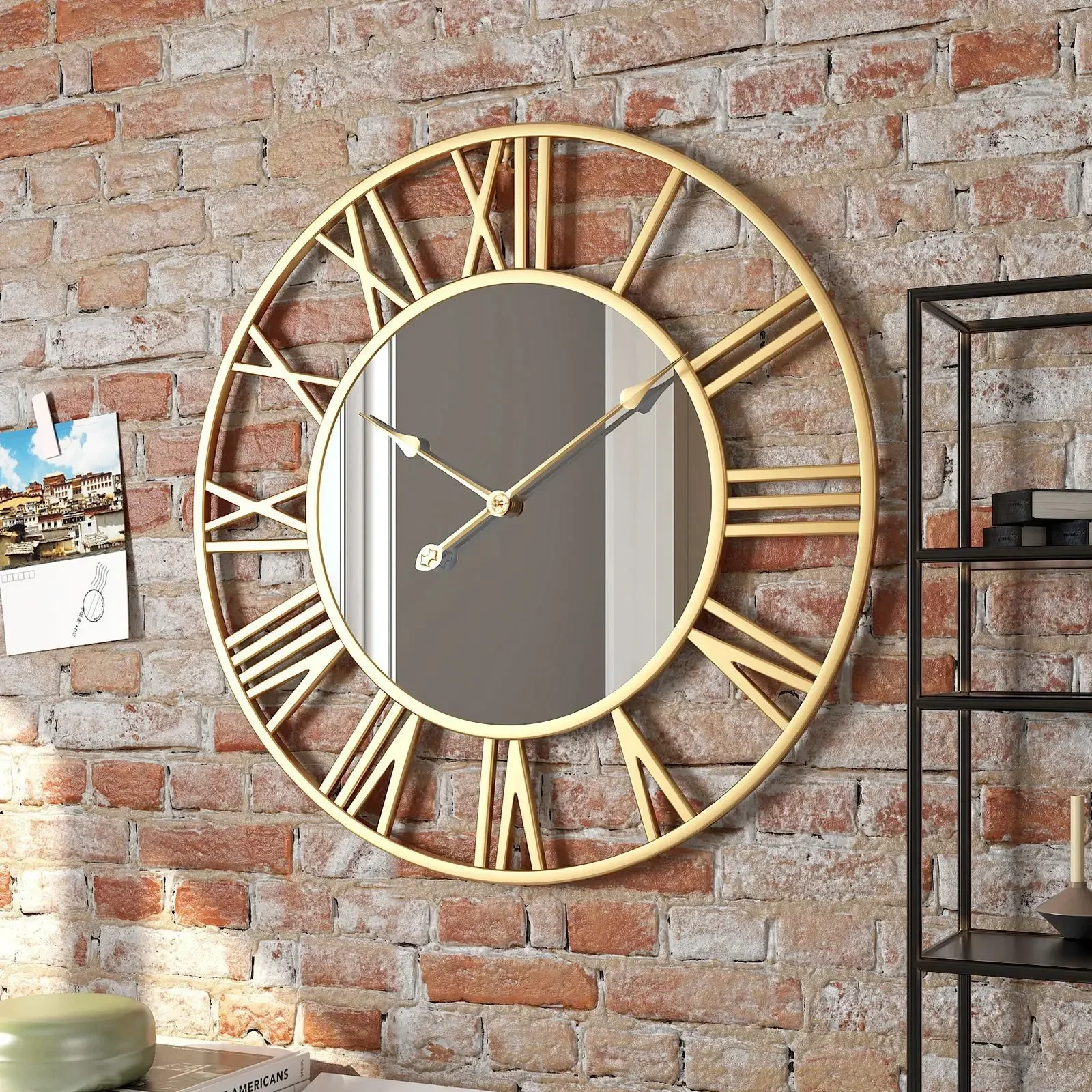 

Round wrought iron mirror clock European style wrought iron wall clock living room porch mute wall clock