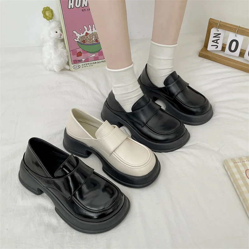 

Women's Shoes Platform Oxfords Black Flats Loafers With Fur British Style Female Footwear Slip-on Round Toe Clogs Leather New Pr