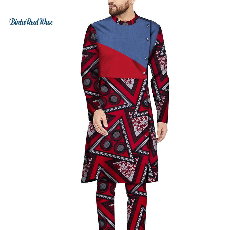 

Мужская одежда в африканском стиле, Bazin Riche, лоскутный топ с длинными рукавами и штаны, 100% хлопок, комплект из 2 предметов, комплекты со штанами, длинная рубашка, топы, WYN1264