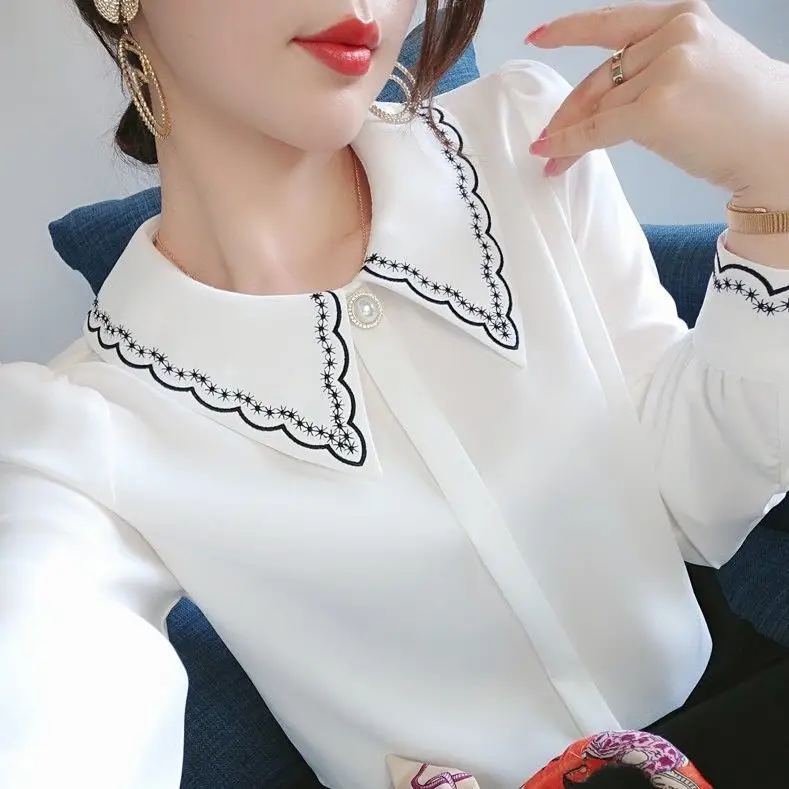 Chiffon Shirt Women's Long Sleeve Spring New Embroidered Peter Pan Collar Bottoming Blouse Top Female Solid T-shirt