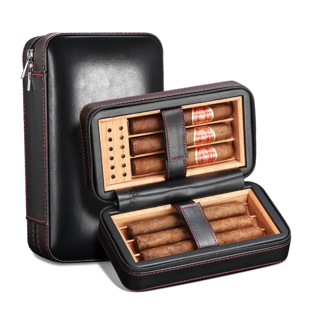GALINER Travel Cigar Humidor Box Leather Cigar Case Set W/ Humidifier Cedar Wood Portable 4 Holder Cigar Box