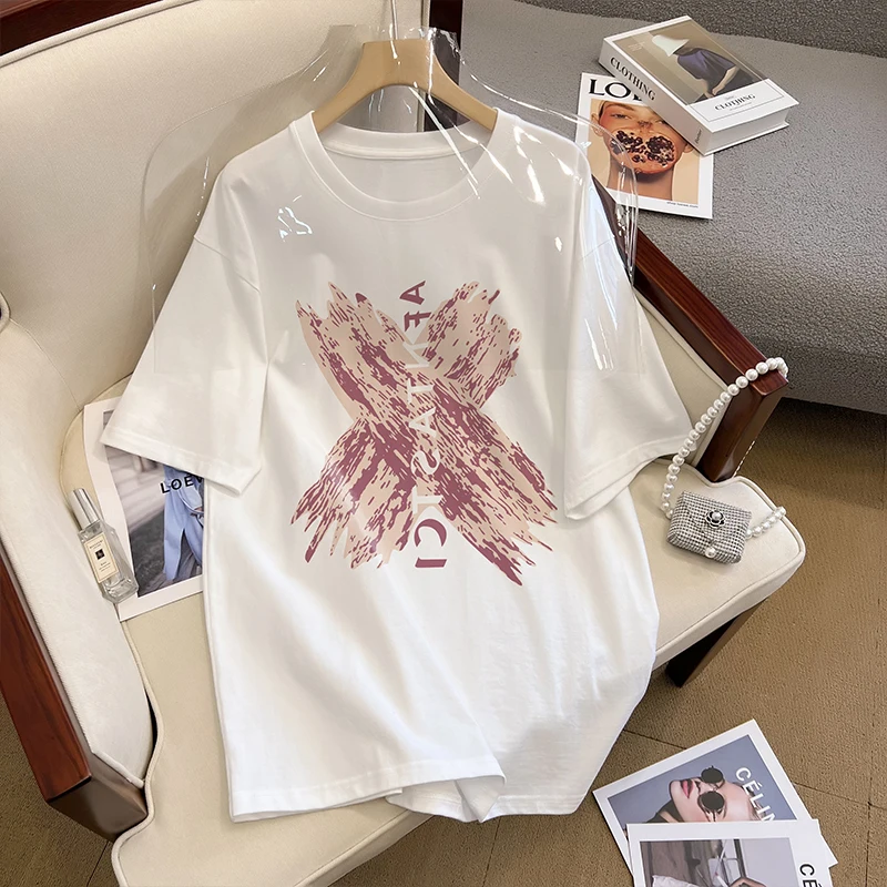 

Повседневная женская футболка, Новинка лета 2023, свободные футболки с принтом, топ с коротким рукавом, модная Корейская футболка с круглым вы...
