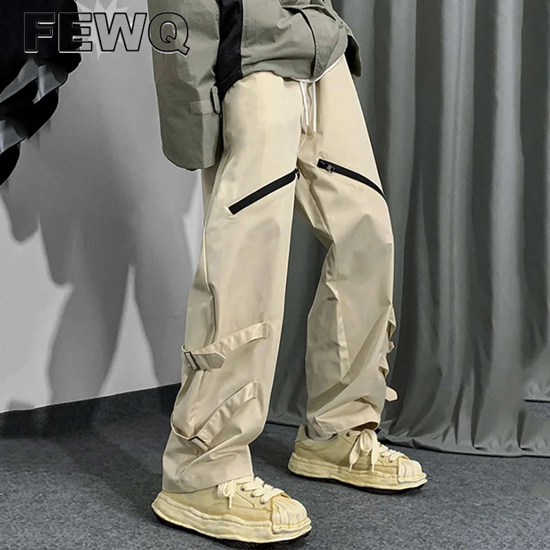

FEWQ Functional Pants For Men High Street Spliced Overalls 2023 New Male Handsome Solid Color Straight Lace-up Trousers 24A855
