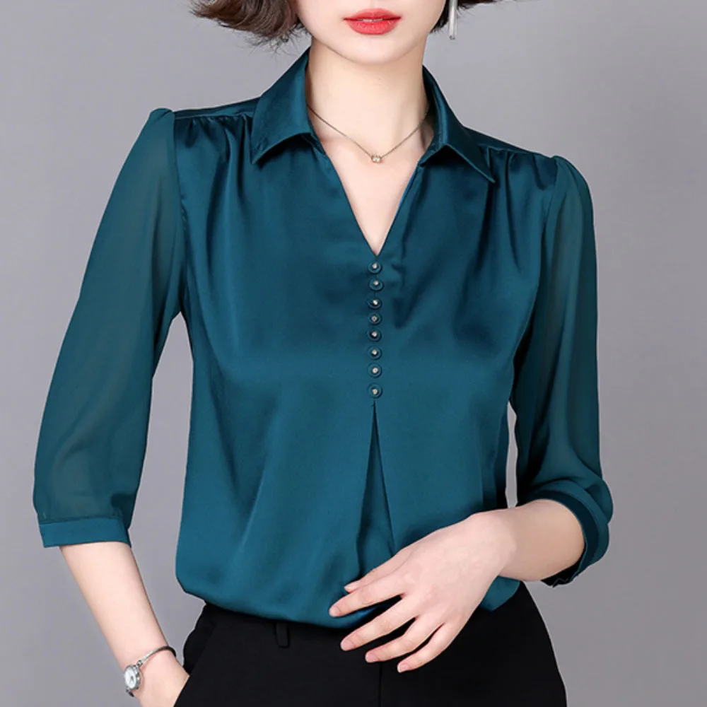 Womens Spring Summer Silk Shirts Solid Color V Neck 3/4 Sleeve Loose Blouses Women Female Casual Tops  blusas mujer de moda 2023