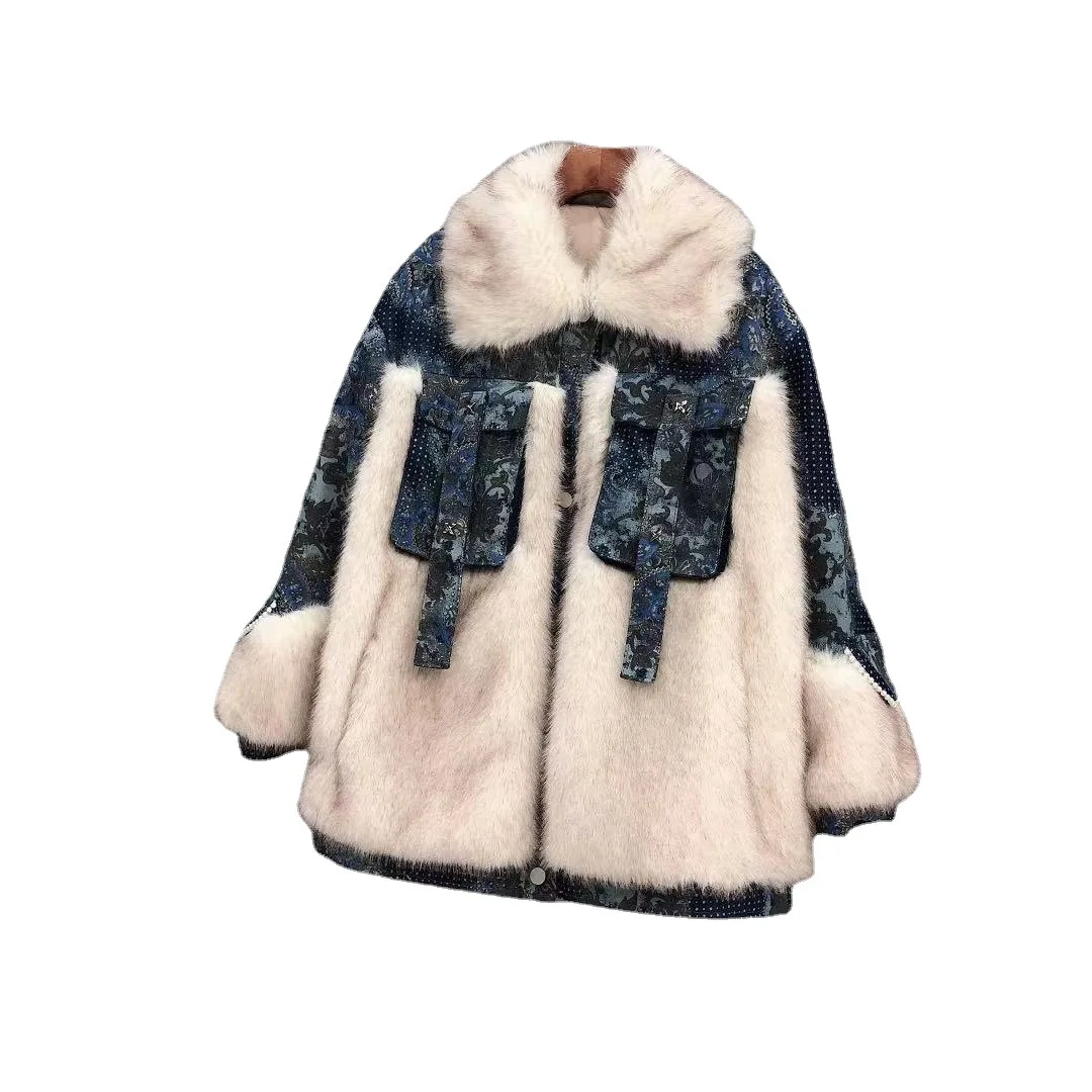 Roupas Femininas 2022 Winter Korean Fashion Woman Blue Denim Stitching Mid-length Fur  Jackets Elegant Loose Fur Overcoat Femme