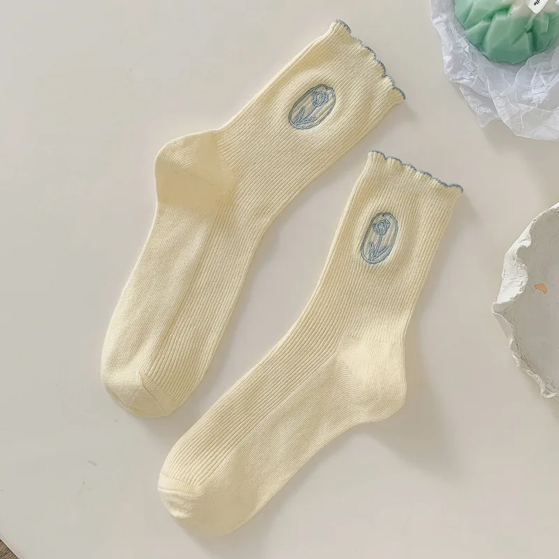 10 Pairs Tulip Flower Embroidery Women Socks New Fashion Frilly Solid Color Cute Kawaii Socks For Girls Harajuku 2023 New