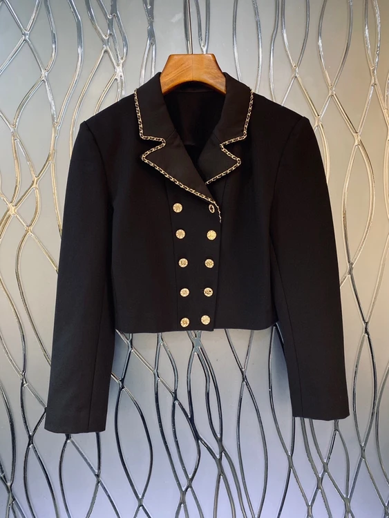 

2023 new women fashion high quality long sleeve lapel chain edge double breasted top jacket 0721