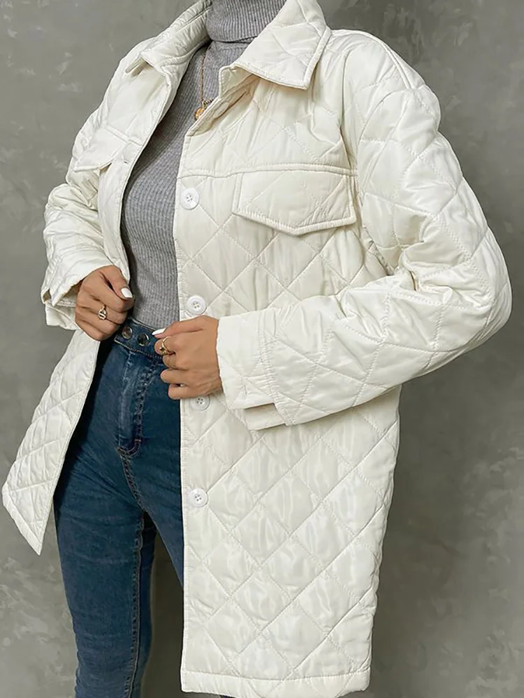 Winter Cotton Padded Coat Parkas Single Breasted Thich Warm Argyle Coats Women Elegant Turn Down Collar Solid Cotton Jackets