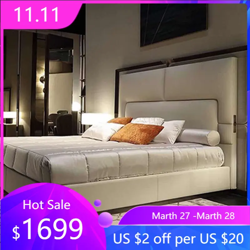 

Italian style postmodern minimalist leather bed villa master bedroom with large bed super light luxury double bed master bedroom