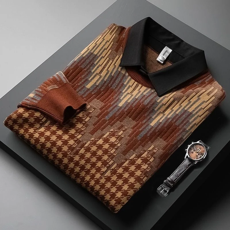 

quality High fashion vintage jacquard fake two sweaters men's luxury autumn winter thick warm shirt collar knitted pullover men