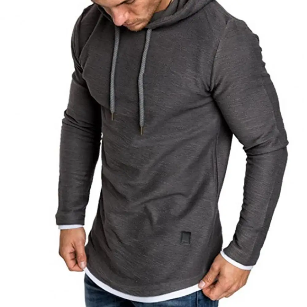 

Drawstring Pullover Men Hoodie Spring And Autumn Winter Hip Hop Hoodie Long Sleeve Solid Color Fake Two Piece Hooded Sweatshirt