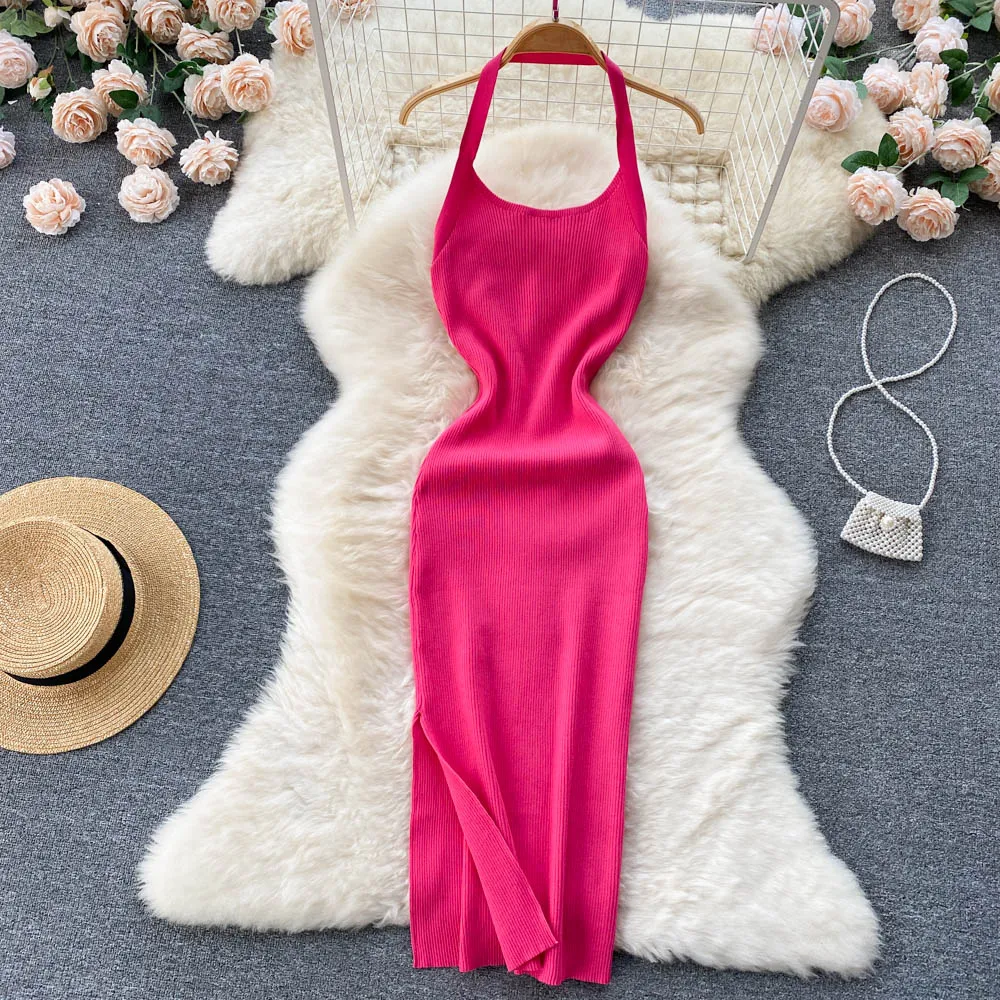 

Облегающее летнее трикотажное хлопковое длинное платье с лямкой на шее и разрезом, Женская Праздничная Повседневная Туника-футляр с открыт...