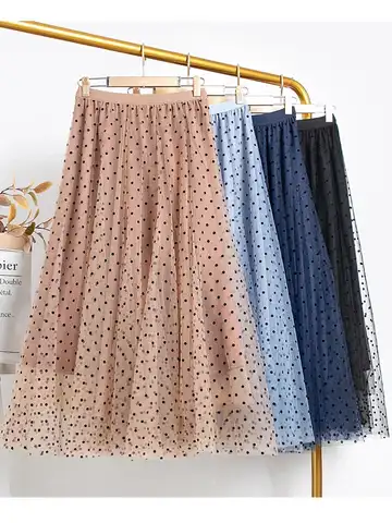 3 Layers Tulle Midi Skirts Womens 2023 Summer Elastic High Waist Mesh Tutu Pleated Skirts Female Polka Dot Long Skirt Streetwear