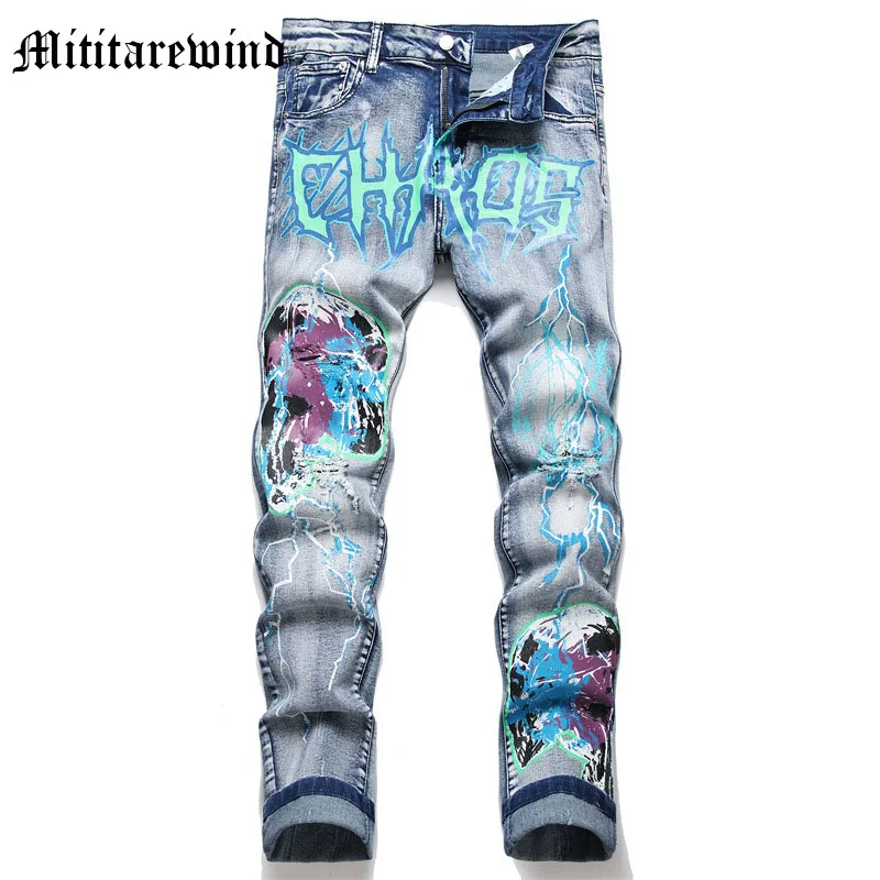 

Брюки мужские джинсовые в стиле панк, винтажные узкие джинсы с принтом, Стрейчевые брюки в стиле хип-хоп, уличная одежда с рваными дырками, готические Y2k