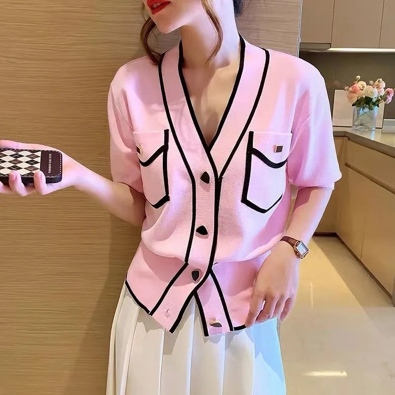 

Женский однобортный трикотажный кардиган, элегантный винтажный свитер с V-образным вырезом в Корейском стиле, лето 2022