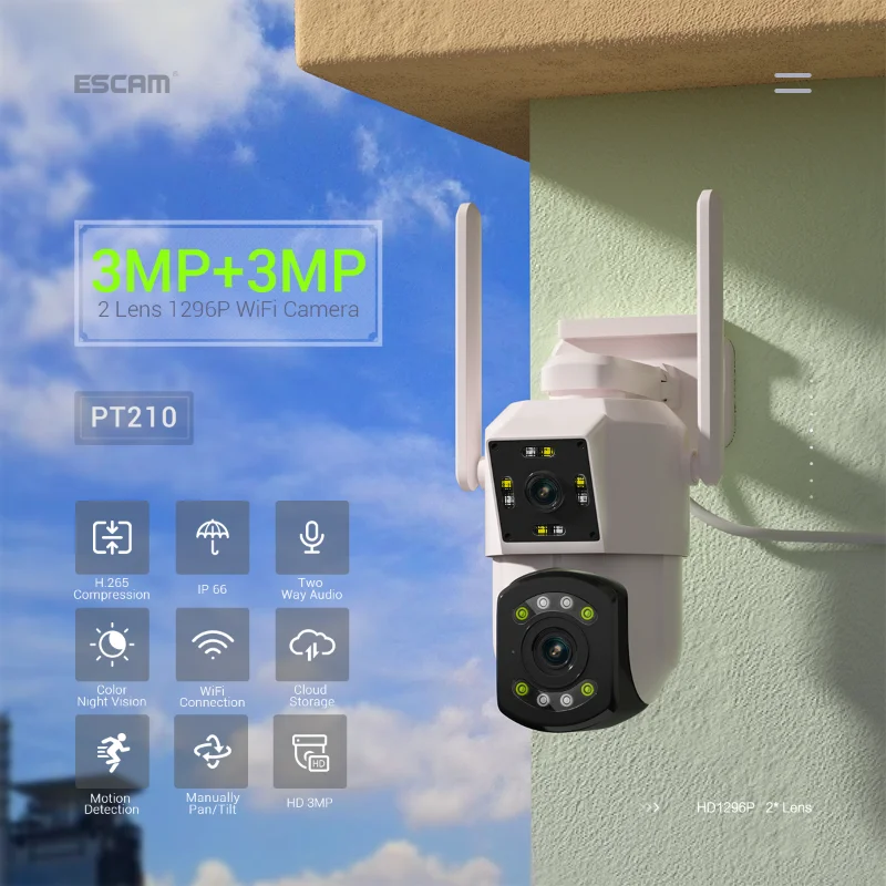 

IP-камера ESCAM PT210 3MP 1296P iCam365 Беспроводная с двумя объективами