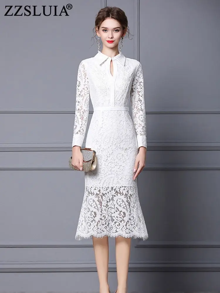 

Women's Elegant Midi Lace Dresses Turn Down Collar Embroidery Design Slim Ruffles Hem Trumpet Dress Fashion Female Clothing