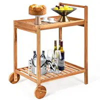 2-Tier Acacia Rolling Kitchen Trolley Cart Dining Serving Cart Outdoor w/ Wheels