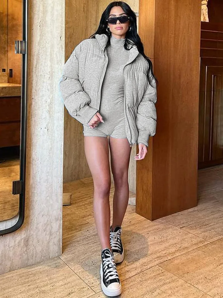Long Sleeve Playsuit Women Jumpsuit Solid Gray One Piece Bodysuit Short Bottom Skinny Sexy Rompers Bodycon Ropa De Mujer Sporty
