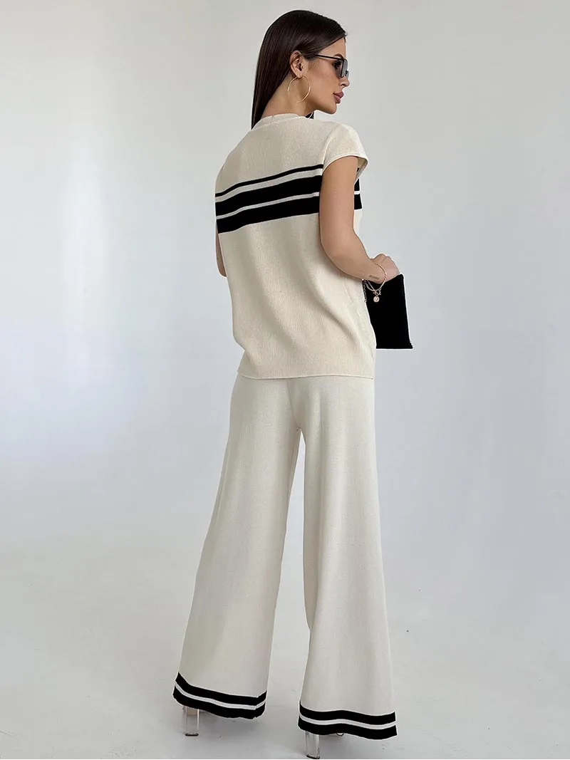 Повседневный женский вязаный костюм с коротким рукавом спортивный комплект из