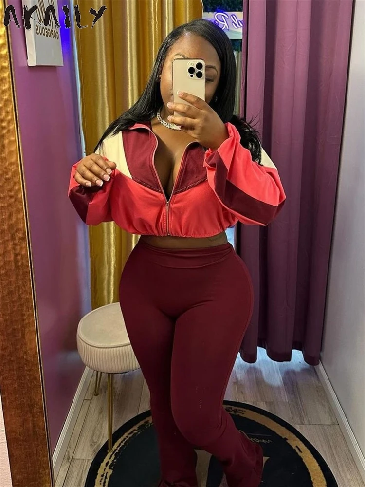 Akaily Winter Women's Color Block 2 Piece Jogger Set Casual Outfits 2024 Long Sleeve Zip Crop Top Pants Going Out Tracksuit