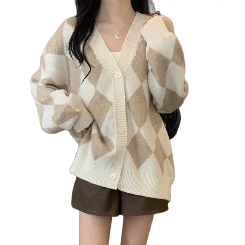 

Argyle Single Breasted Sweater Women Fashion Korean Style Retro V Neck Knitted Cardigan Autumn Winter Long Sleeve Loose Sweater