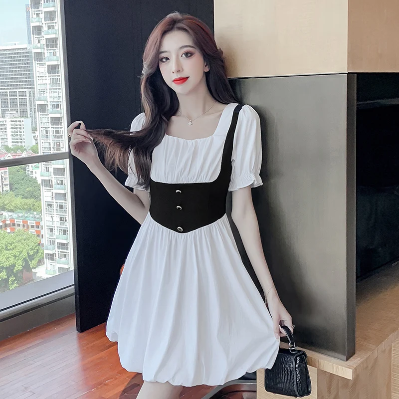 

COIGARSAM Women's Fashion Dresses Cute Patchwork Knitting Flare Sleeve Square Collar High Waist White Dress Dropshipping