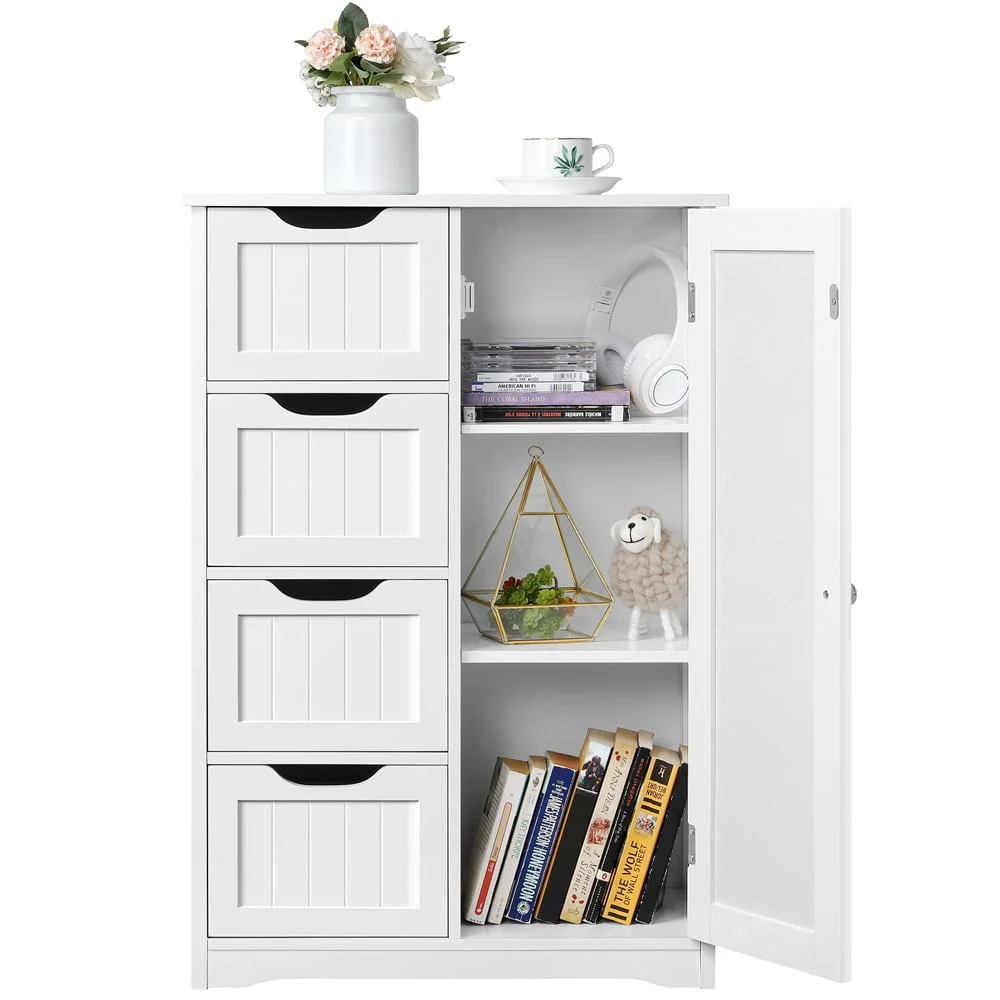 

Easyfashion 4 Drawers & Cupboard Bathroom Storage Organizer Cabinet White 22.00 X 12.00 X 32.50 Inches Vitrina Sideboard