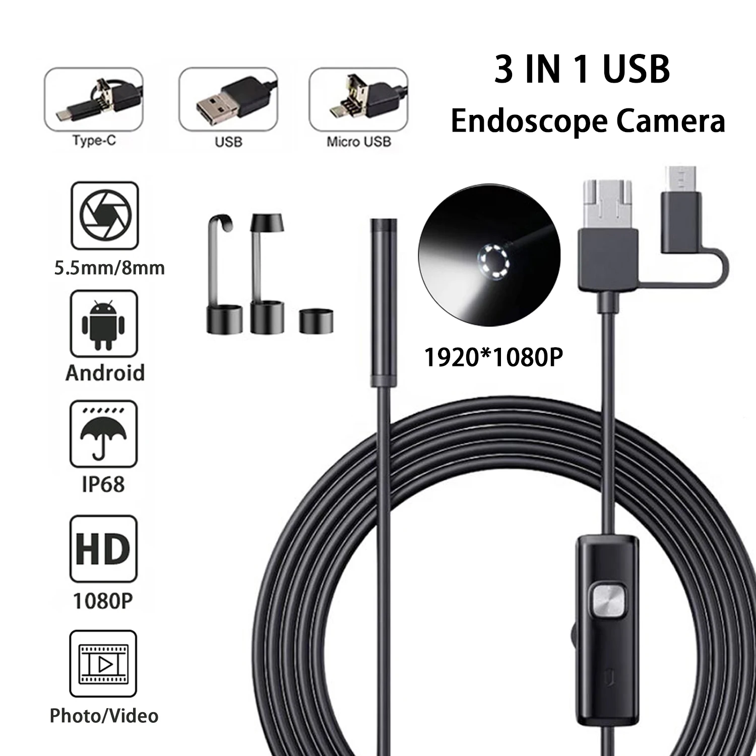 

3IN1 Industrial Endoscope Camera IP68 Waterproof HD1080P Inspection Borescope 8LED Adjustable For Android Smart Phone PC USB C