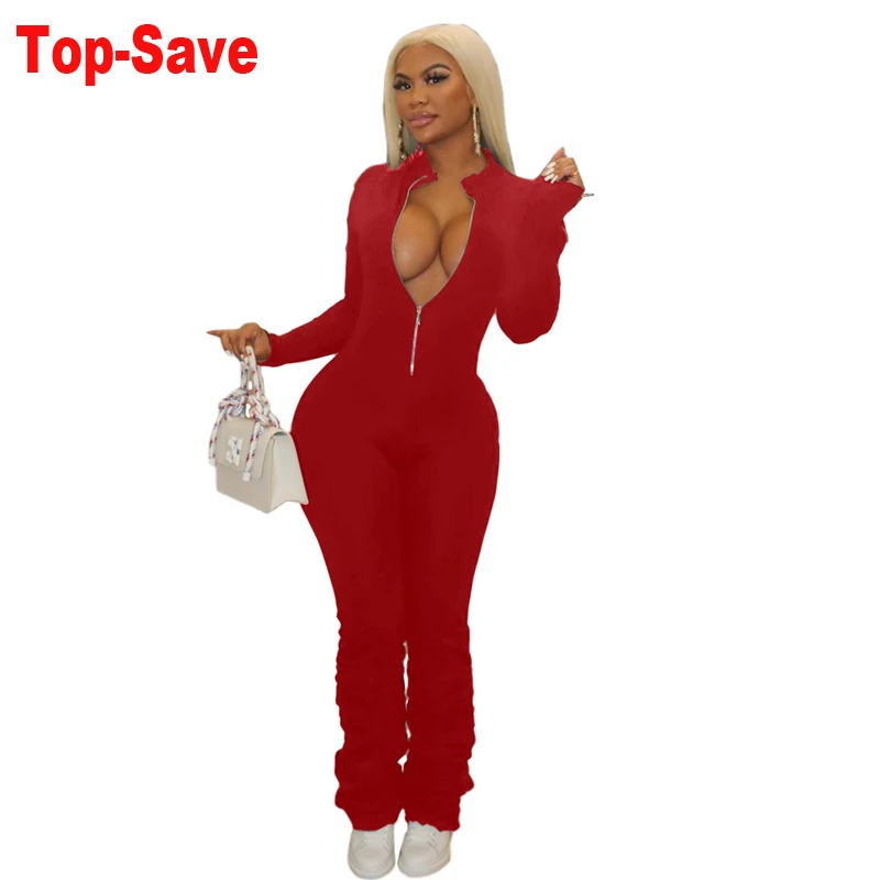 

Vintage Stacked Pants Women Jumpsuit Fashion Solid Pleated Zipper Long Sleeve Sweater Leggings Runway Ladies Rompers Dropshippi