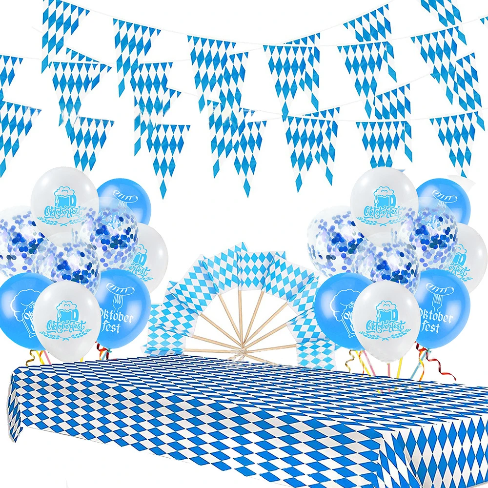 

German Beer Festival Party Decorations Munich Oktoberfest Latex Balloon Set Pennant Tablecloth Cake Topper for Carnival Supplies
