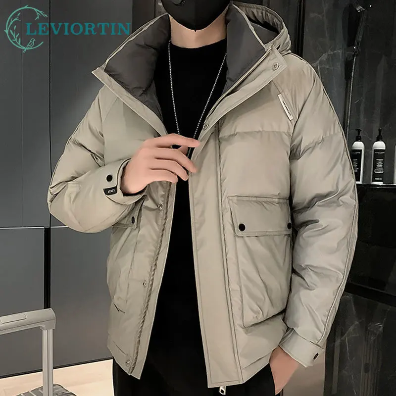 Winter Men Hooded White Duck Down Jacket Hip Hop Bright Handsome Big Pocket Down Coat Male Solid Color Thickened Warm Jacket