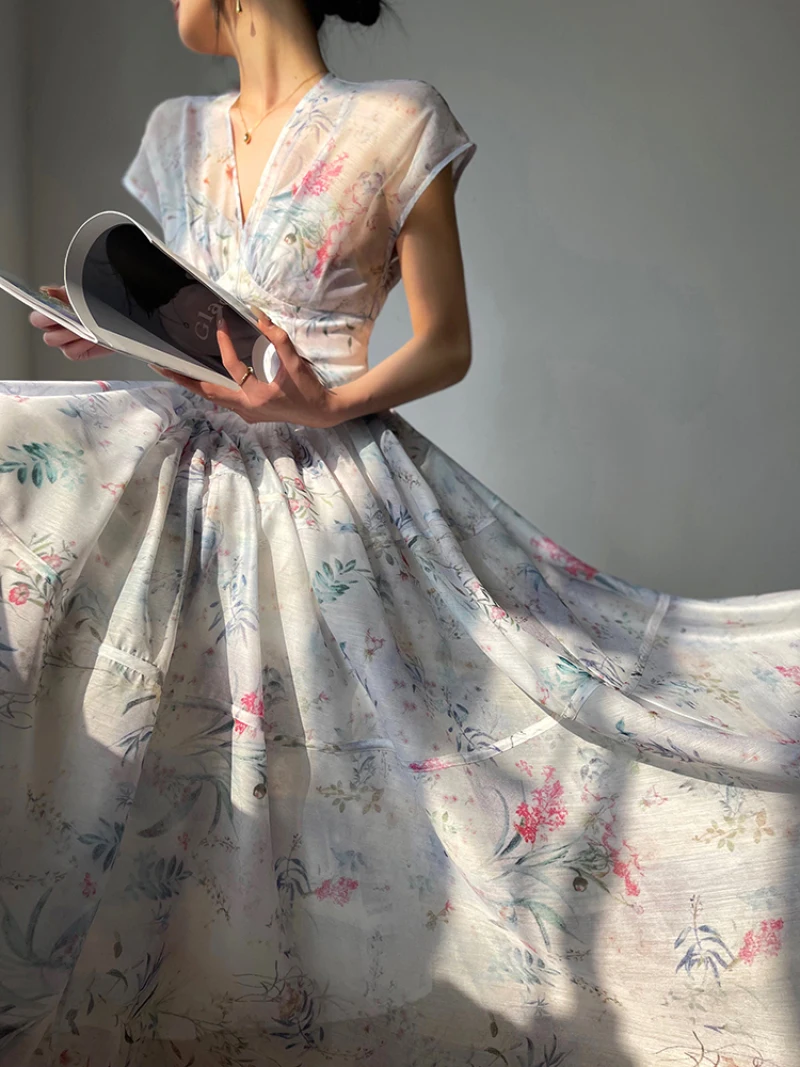 

Vintage Print Evening Party Midi Dress Women 2023 Summer New French Elegant Prom Princess Vestidos Female One Piece Sweet Clothe