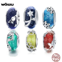 wostu 2019 new 925 sterling silver blue insterstellar glass beads charms fit women unique bracelet bangle jewelry gift cqc1284