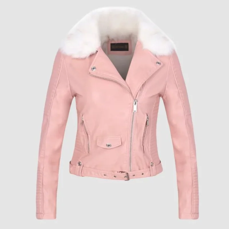 Autumn and Winter New Solid Color Short Section Belt Fur Collar Motorcycle Leather Jacket Women's PU Leather Fleece Jacket