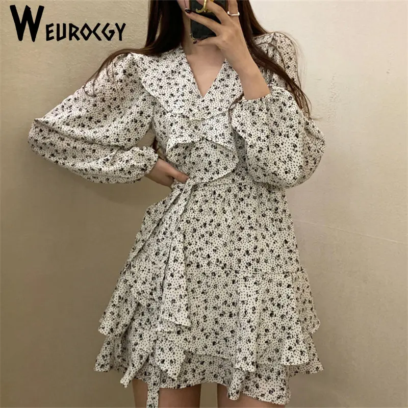 

Women Dresses 2023 Spring New Style Floral Printed Irregular Ruffles Long Sleeve V Neck Bandage Chic Vintage Elegant Mini Dress