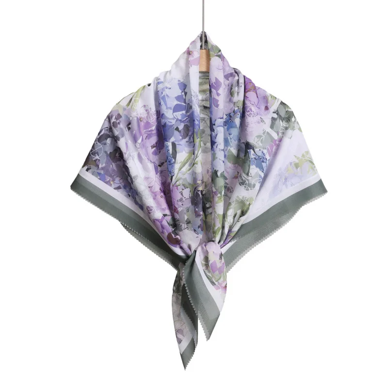 Foreign Trade All-Match Flower Printing Large Size Square Scarf Laser Cut Edge Wavy Cotton and Linen Feeling Headcloth Silk
