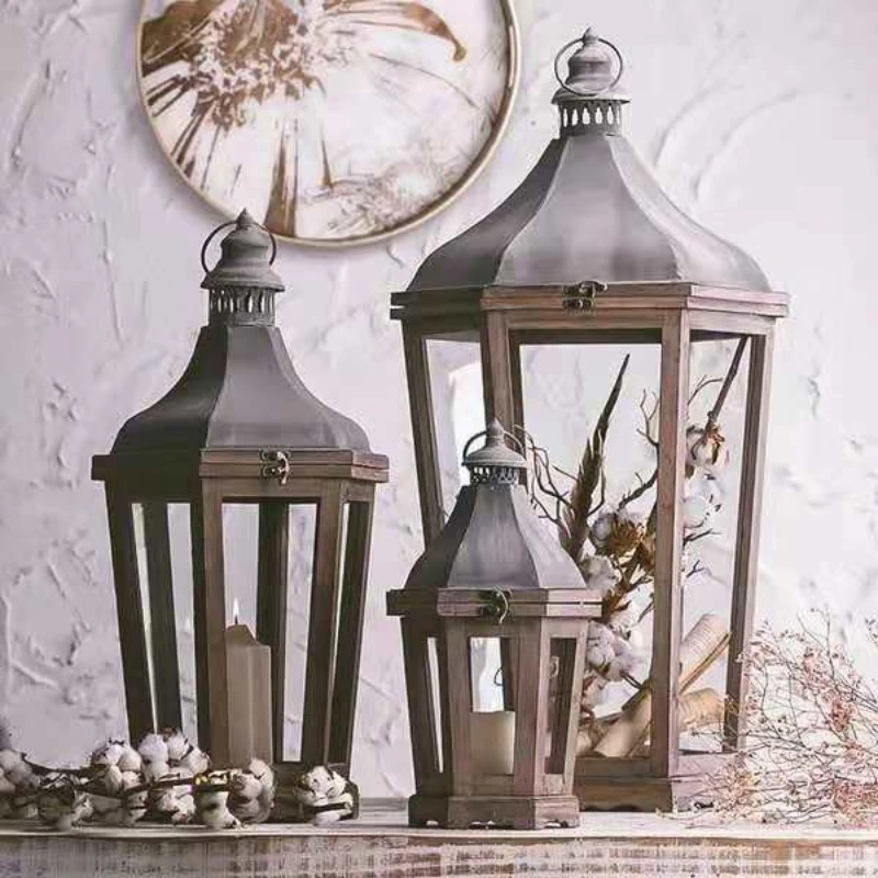 

Retro made old wooden courtyard wind lamp candlestick wedding decoration solid wood antique lantern home glass candle holder