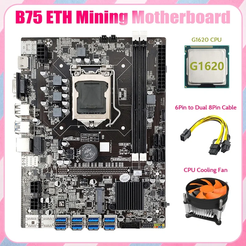 B75 USB ETH Mining Motherboard 8XPCIE To USB+G1620 CPU+6Pin To Dual 8Pin Cable+Fan LGA1155 B75 BTC Miner Motherboard