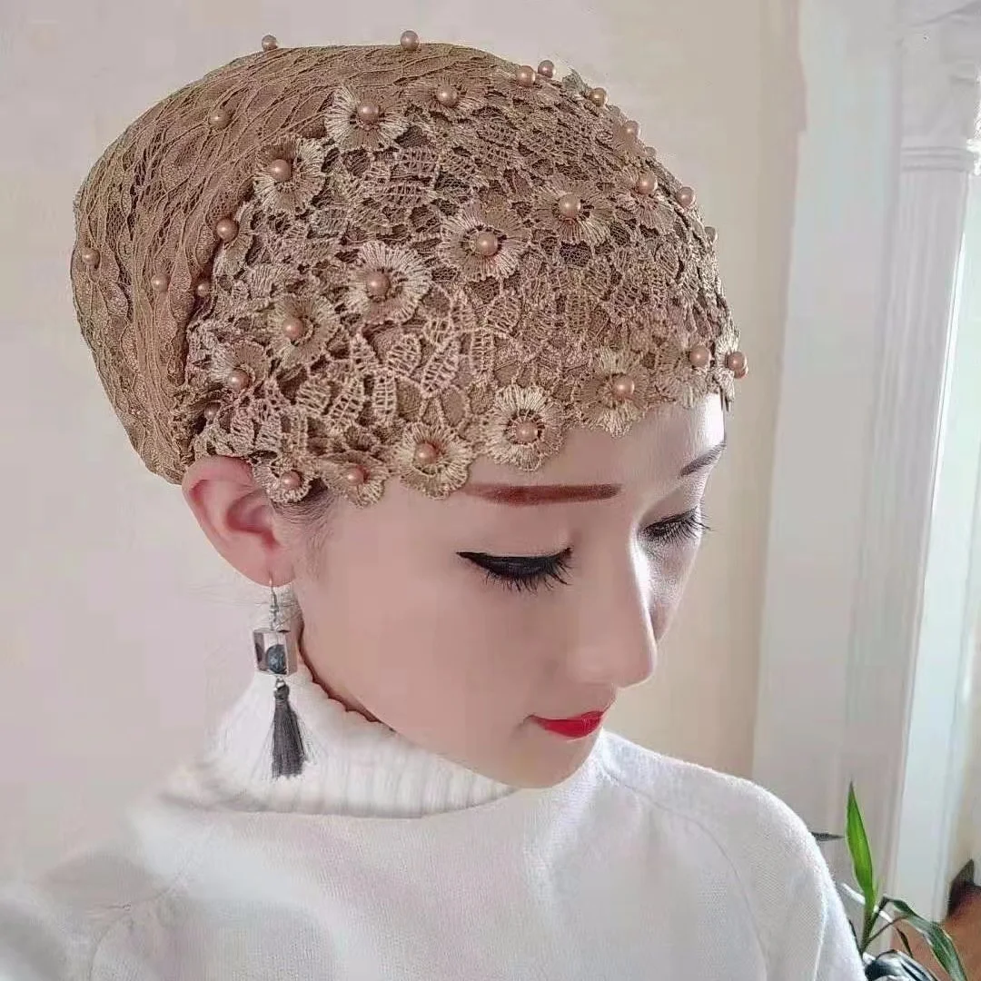 Fashion Women Beading Foral Lace Turban Cps Breathable Summer Muslim Hats Female Headscarf Bonnet Hair Loss Head Cover Caps
