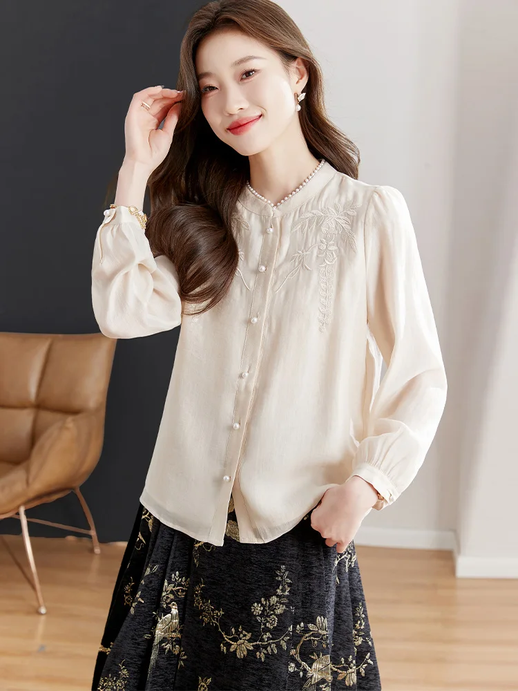 Осень 2024 новинка тяжелая промышленность вышивка новый китайский шифоновый топ
