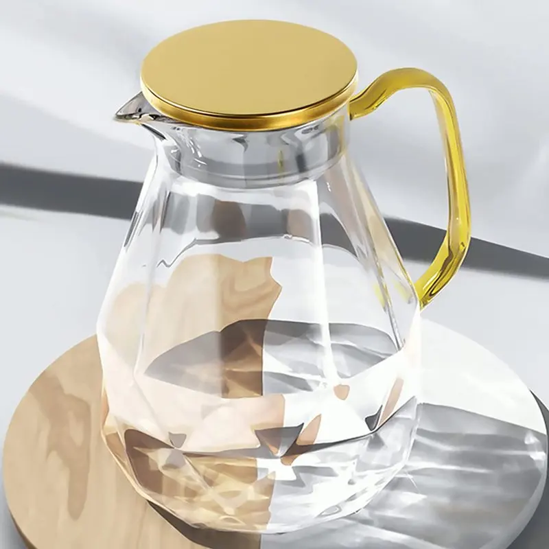 

Glass Pitcher with Golden Lid [68 oz], Elegant Diamond Design Water Pitcher with Handle, Decoration for Room, Durable Water Glas