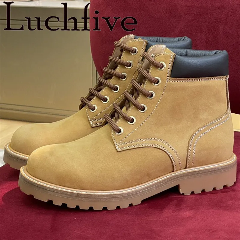 

2022 Autumn New Leather Genuine Flats Short Boots For Women Lace Up Round Toe Thick Sole Retro Boots Brand Designer Casual Shoes
