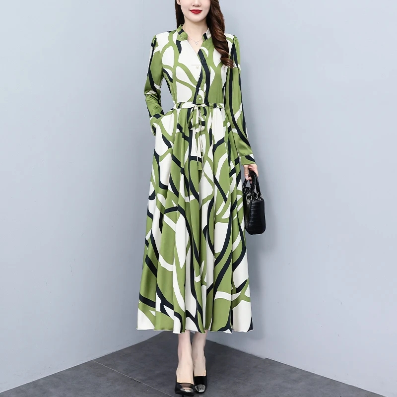 

Printed Long-sleeved Dress Women's Long 2023 Autumn New Satin Large Size Fat Mm Waist Show Slim Skirt