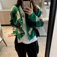 green argyle knitted sweater women retro v neck loose casual warm single breasted cardigan spring autumn fashion knitted jumpers