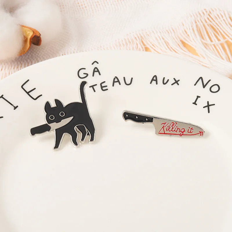 Новые эмалевые булавки в виде кота-убийцы забавные животные котенок нож значок