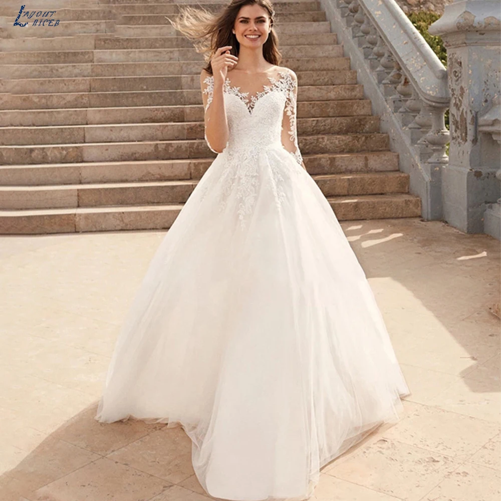 

Elegant Half Sleeve A Line Wedding Dresses 2023 Illusion Neckline Ivory Bridal Gown Floor Length Tulle Vestido De Noiva