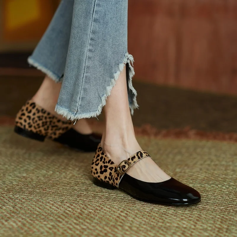 Leopard Women Sexy Cow Leather Horsehair Patchwork Mary Janes Shoes Buckle Strap Low Heel Flats