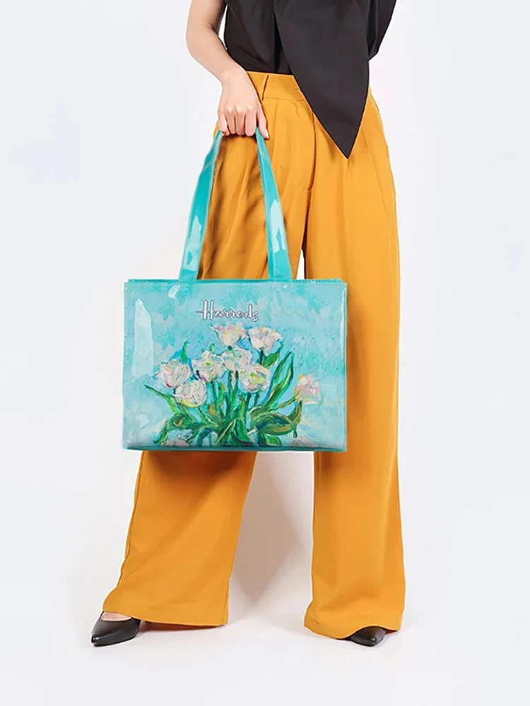 Женская модная квадратная эко-сумка из ПВХ с цветочным принтом большая